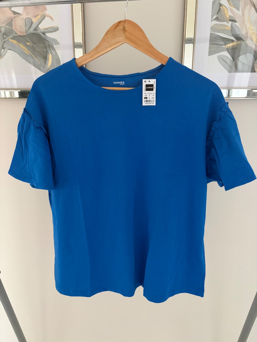 Dunnes blue round neck ruffle sleeve top size L