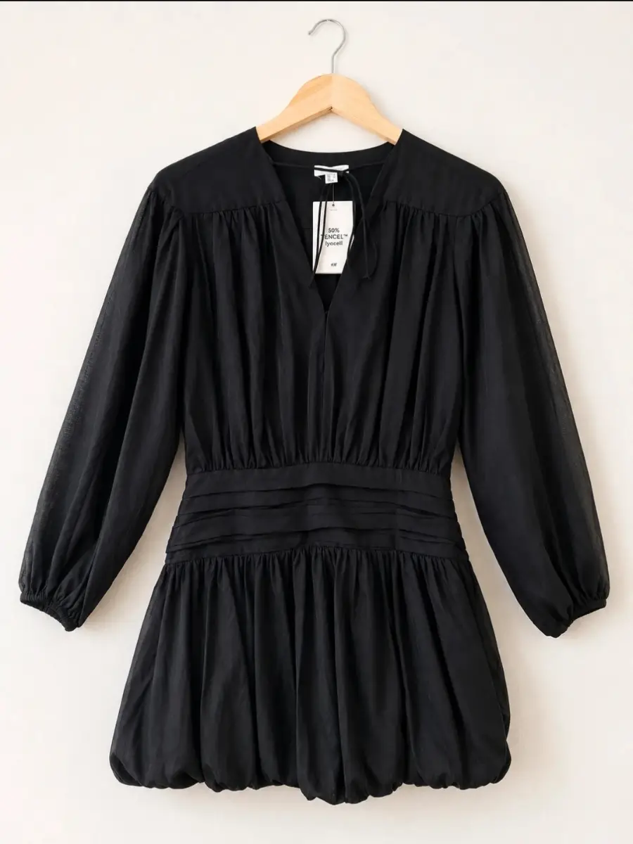H&M Edition premium line black ramie blend bubble hem puff  mini dress BNWT size small