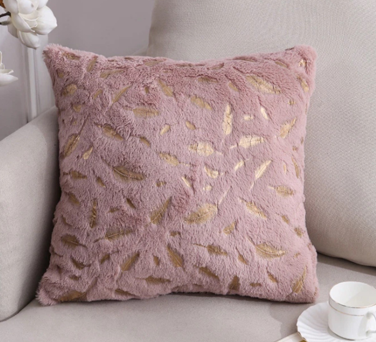 Brand New Pink Fluffy Feather Cushion Cover 16x16" (40x40cm) - Gold Foil Detail