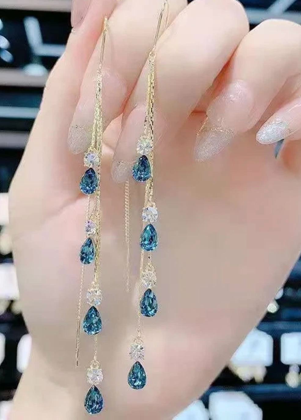 Gold Tone Blue Crystal Teardrop Drop Threader Earrings Long Tassel Dangle