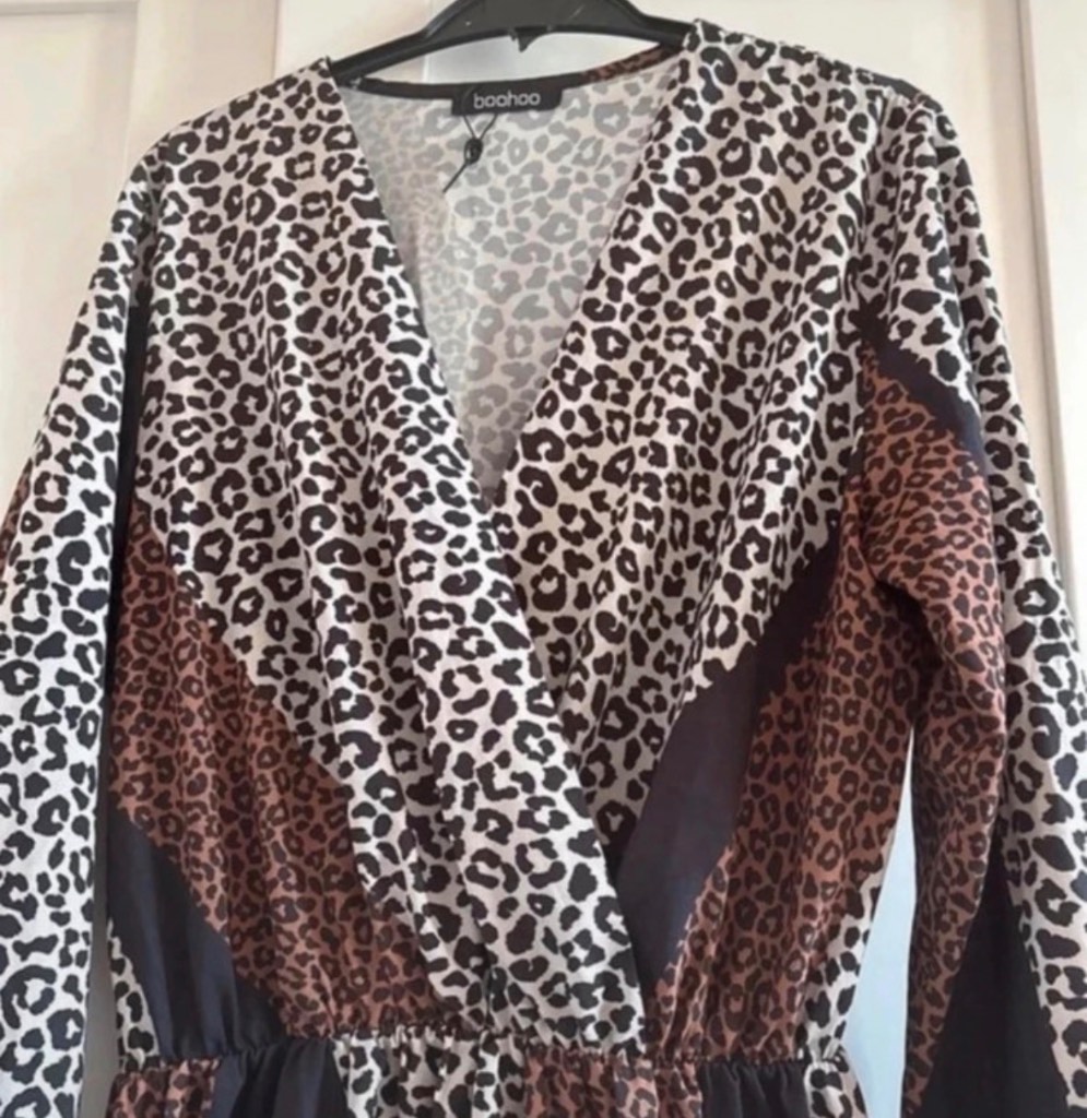 Boohoo Leopard Print Multicolour Maxi Dress V-Neck Long Sleeve Tie Waist S/M