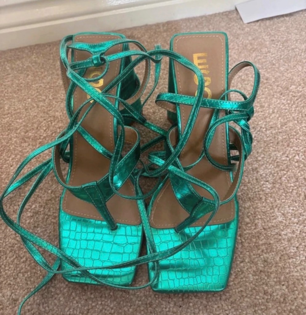 EGO UK 6 Green Croc Strappy Lace Up Square Toe Block Heel Sandals