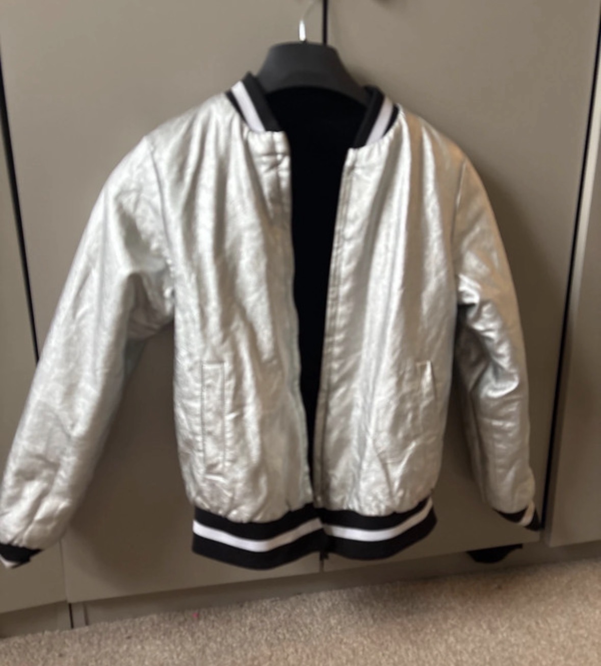 DKNY Reversible Black Teddy Fleece Silver Bomber Jacket 9Y