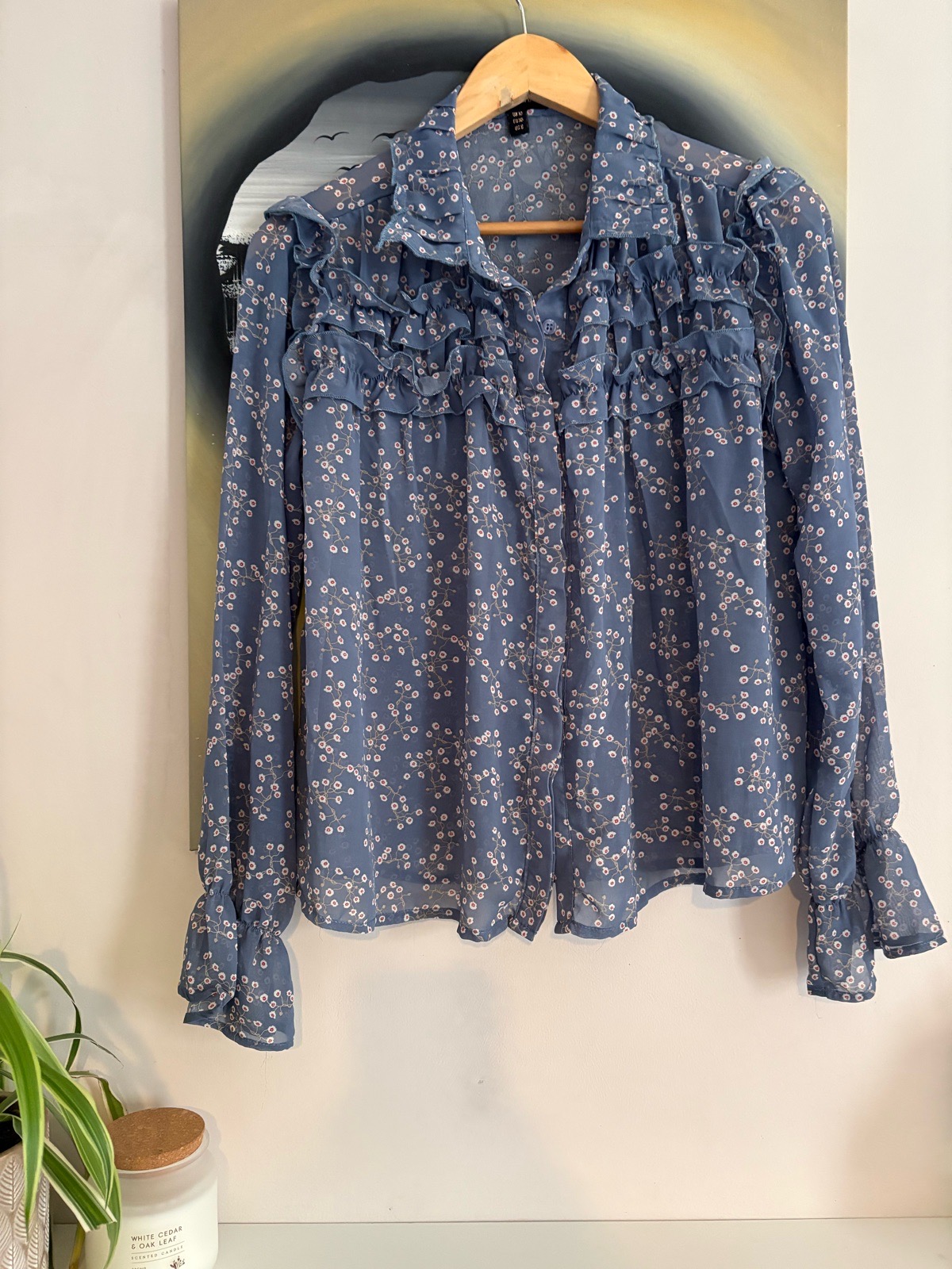 QED London Light Blue Ditsy Floral Ruffle Blouse Boho Romantic Blouse UK 10