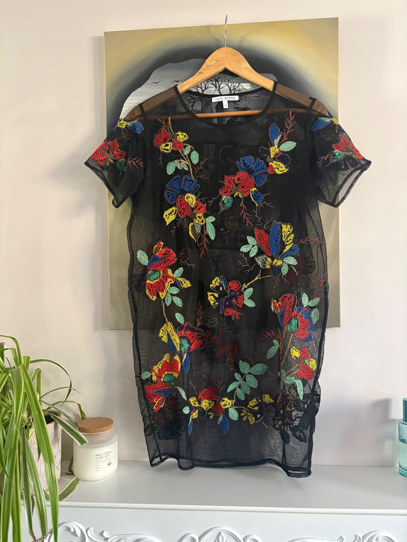 Next Petite Size 8 Black Sheer Mesh Dress Vibrant Floral Embroidery Overlay
