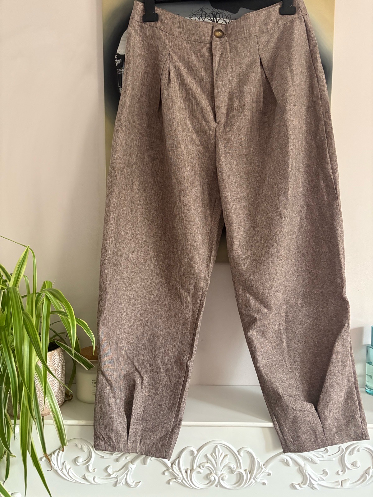 Neutral Beige Brown High Waisted Tailored Trousers XL UK 16 Smart Casual