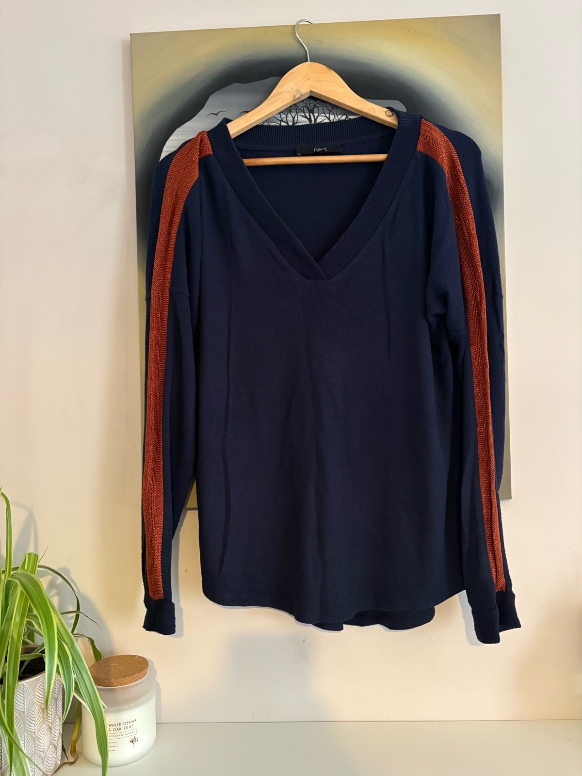 Next Navy Blue Fine Knit Jumper Size 12 V Neck Bronze Copper Glitter Arm Stripe