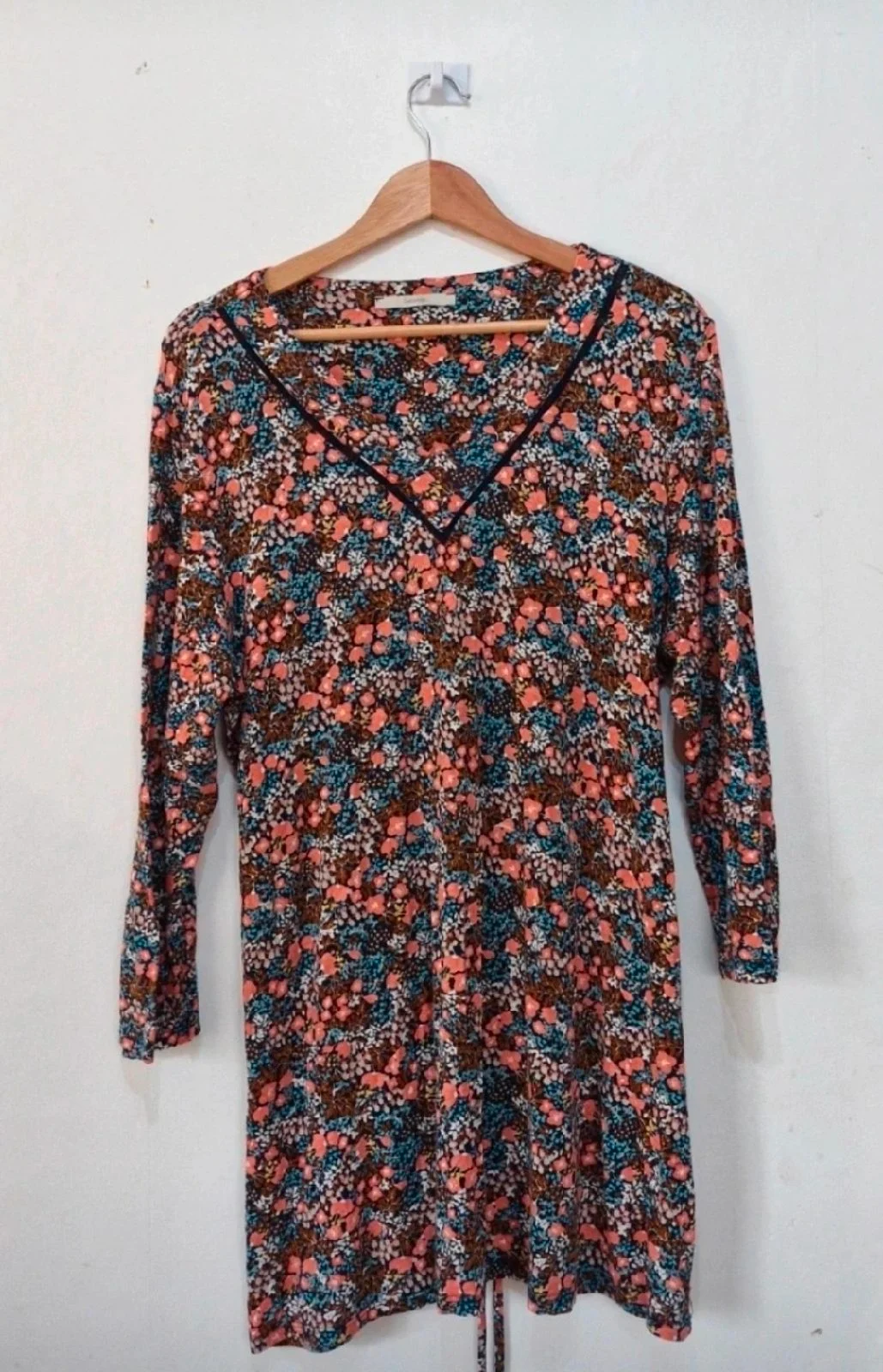 George Size 18 Ditsy Floral V-Neck Long Sleeve Tunic Dress Peach Blue Brown