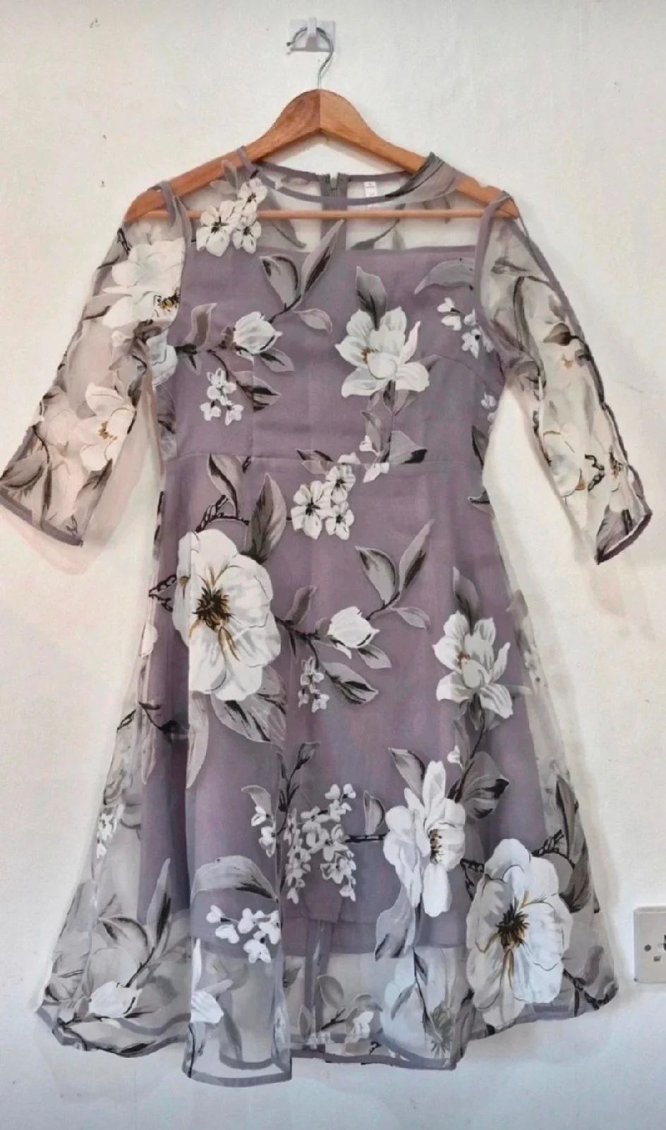 - Grey Floral Skater Dress | Size S | Sheer Mesh Overlay 3/4 Sleeves