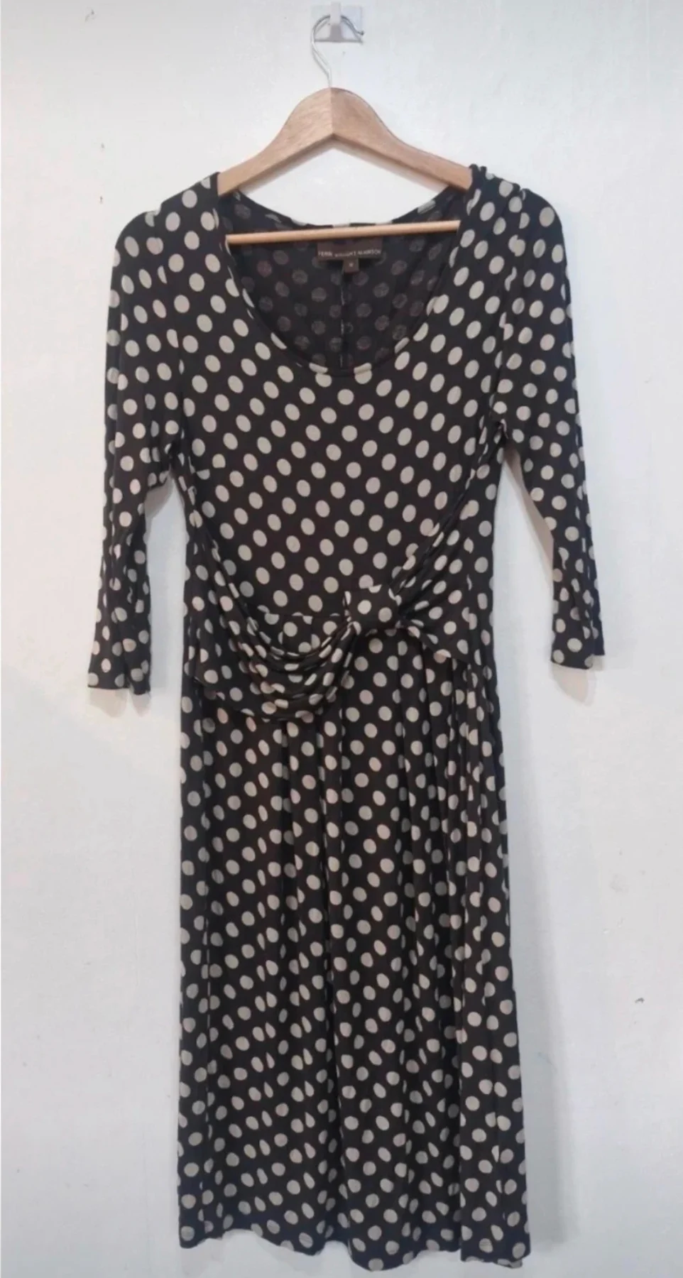 Fenn Wright Manson  Size 12 Black Beige Polka Dot Midi Dress Twist Waist 3/4 Sleeve