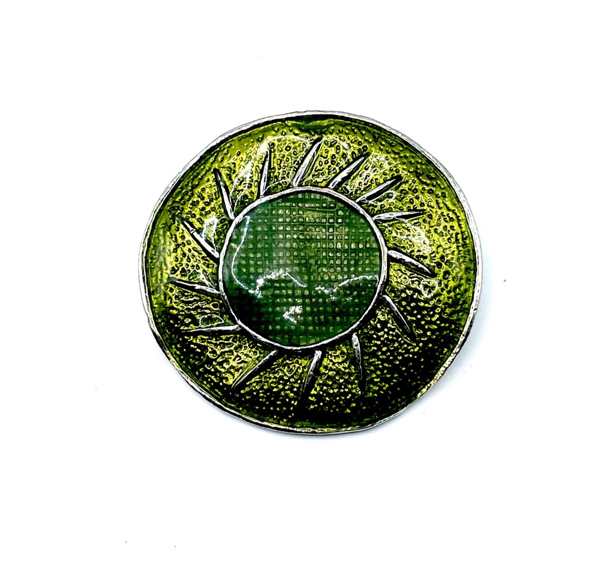 Vintage 1960s–70s Green Enamel Sunburst Pendant Silver Tone Modernist Round Charm