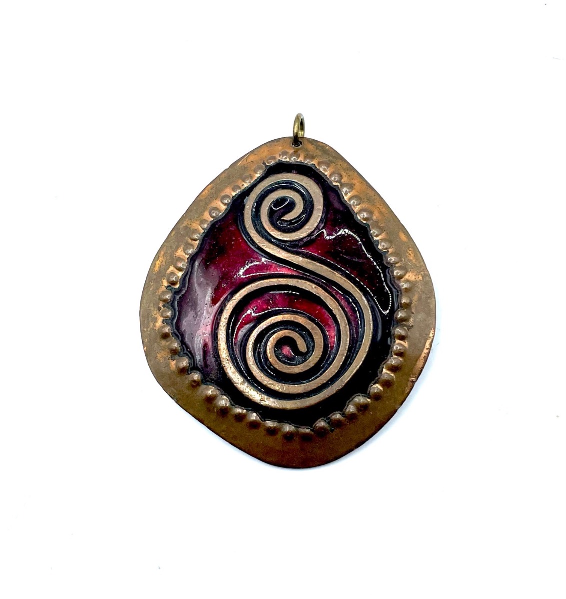Vintage 1960’s–1970’s Copper Red Enamel Spiral Pendant Modernist Studio Jewellery