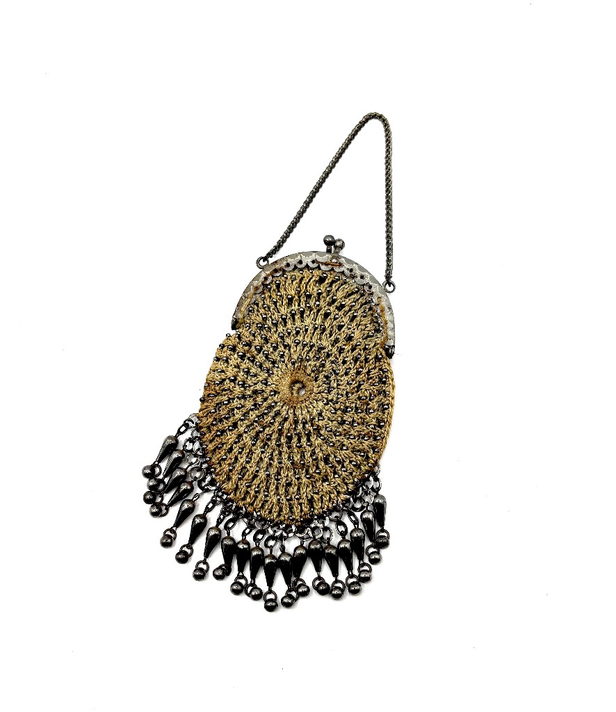 Antique Victorian Beaded Crochet Coin Purse with Steel Fringe & Chatelaine Chain