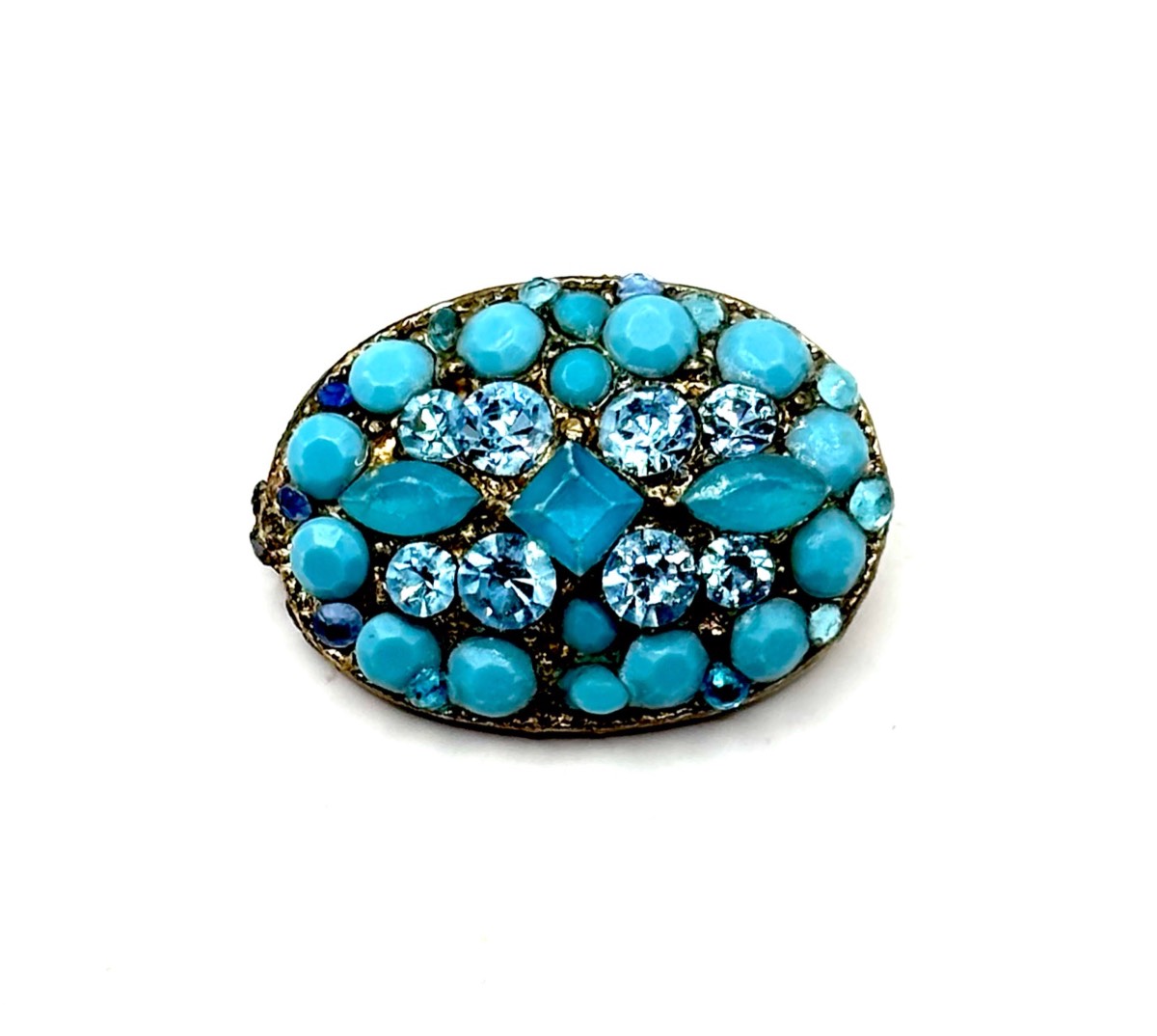 Vintage Czech Glass Turquoise Blue Cabochon & Crystal Oval Brooch Gold Tone Pin