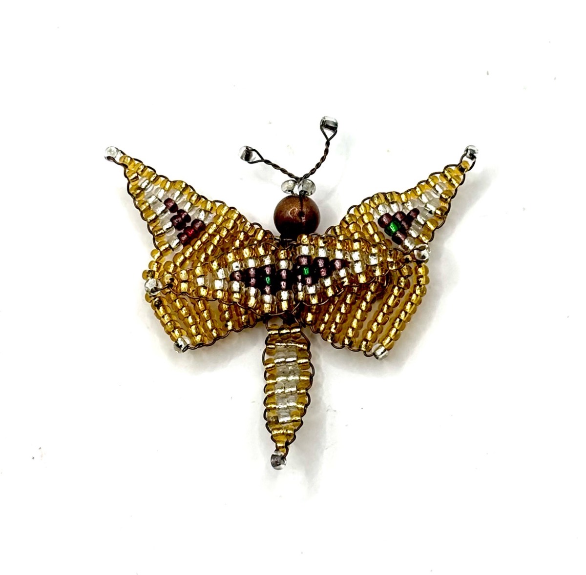 Vintage Handmade Glass Seed Bead Butterfly Brooch Gold Silver Tone Artisan Pin