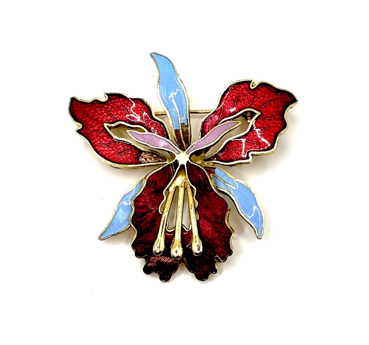 Vintage 1970’s Gold Tone Red Blue Pink Guilloche Enamel Orchid Flower Brooch Pin