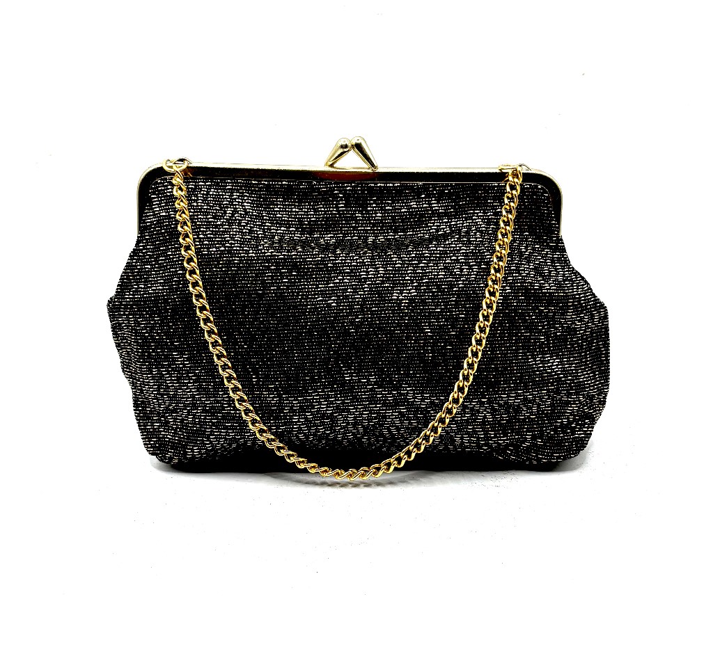 CRF 1950’s/1960’s vintage Made In England black and metallic gold thread evening purse/wristlet bag