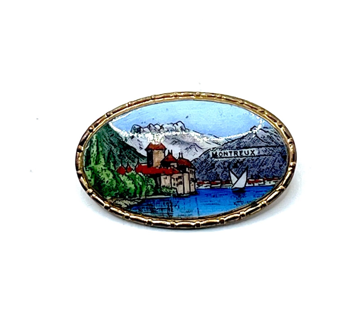 Vintage Montreux Switzerland Château de Chillon Enamel Souvenir Brooch Gold Tone Pin