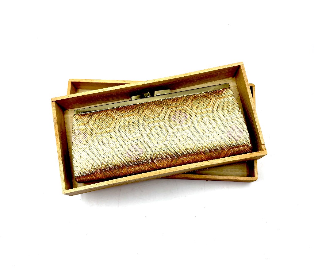 1970’s vintage Japanese Silk Brocade Clutch – Gold Kikkou Hexagon Pattern - Silk Evening Bag with Or