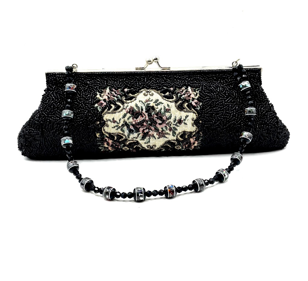 Vintage Black Beaded Evening Bag, Floral Tapestry Panel, Chrome Frame, Beaded Handle, 1980’s Clutch