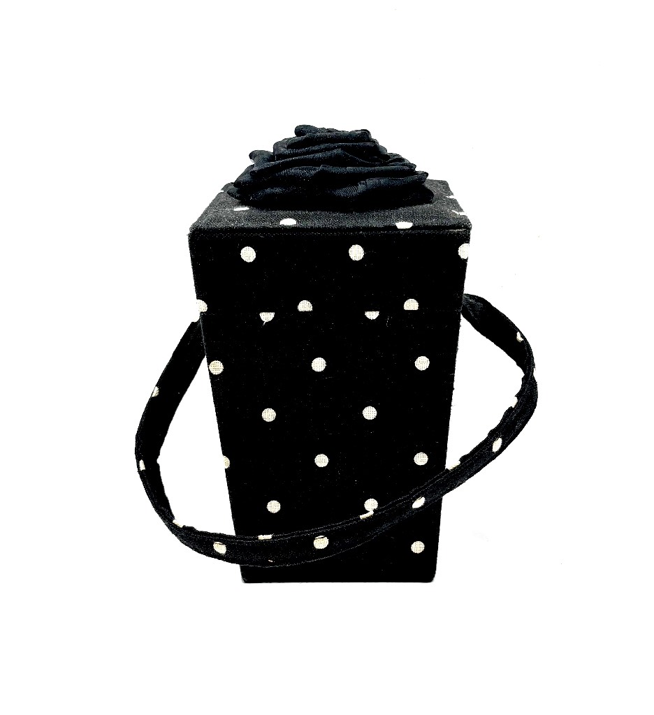 Y2K East Additions Polka Dot Box Bag – Black & White with 3D Fabric Rose