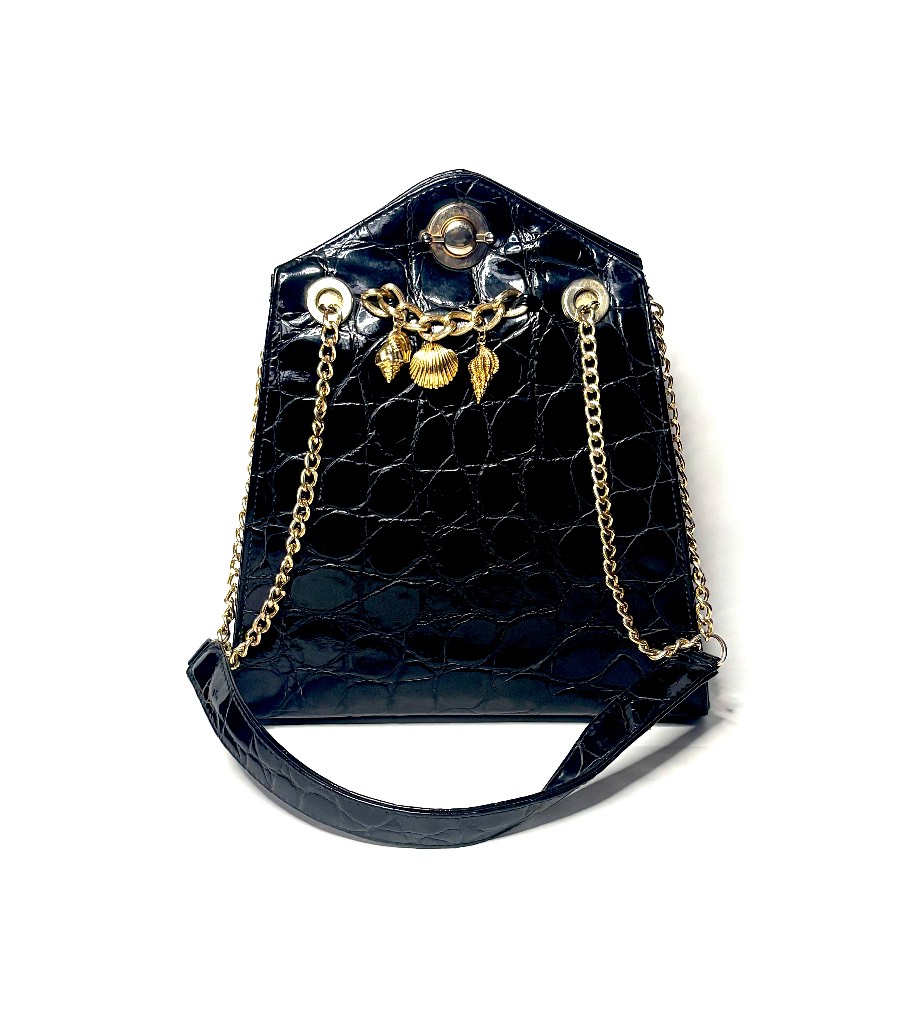 1990’s Vintage LL ORIGINAL LONDON Black Croc lShell Leather Shoulder Bag