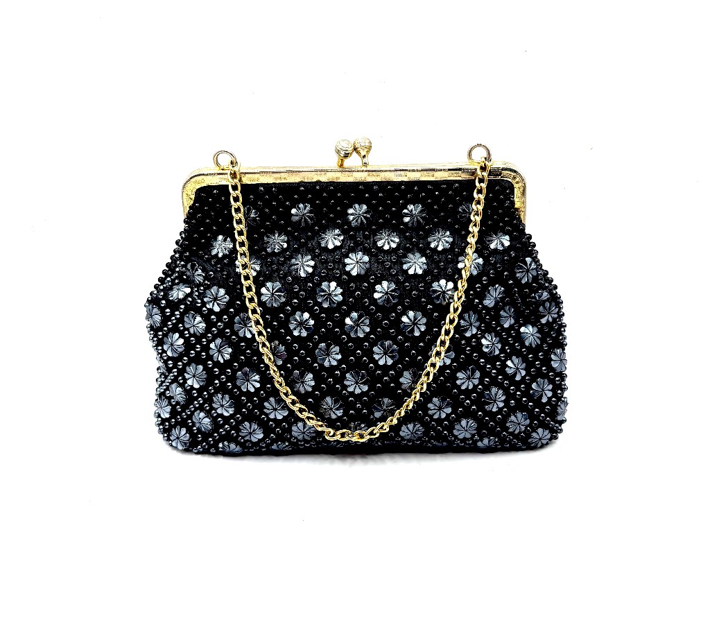 Vintage 1950s Black Floral Beaded Evening Clutch/Top handle Bag