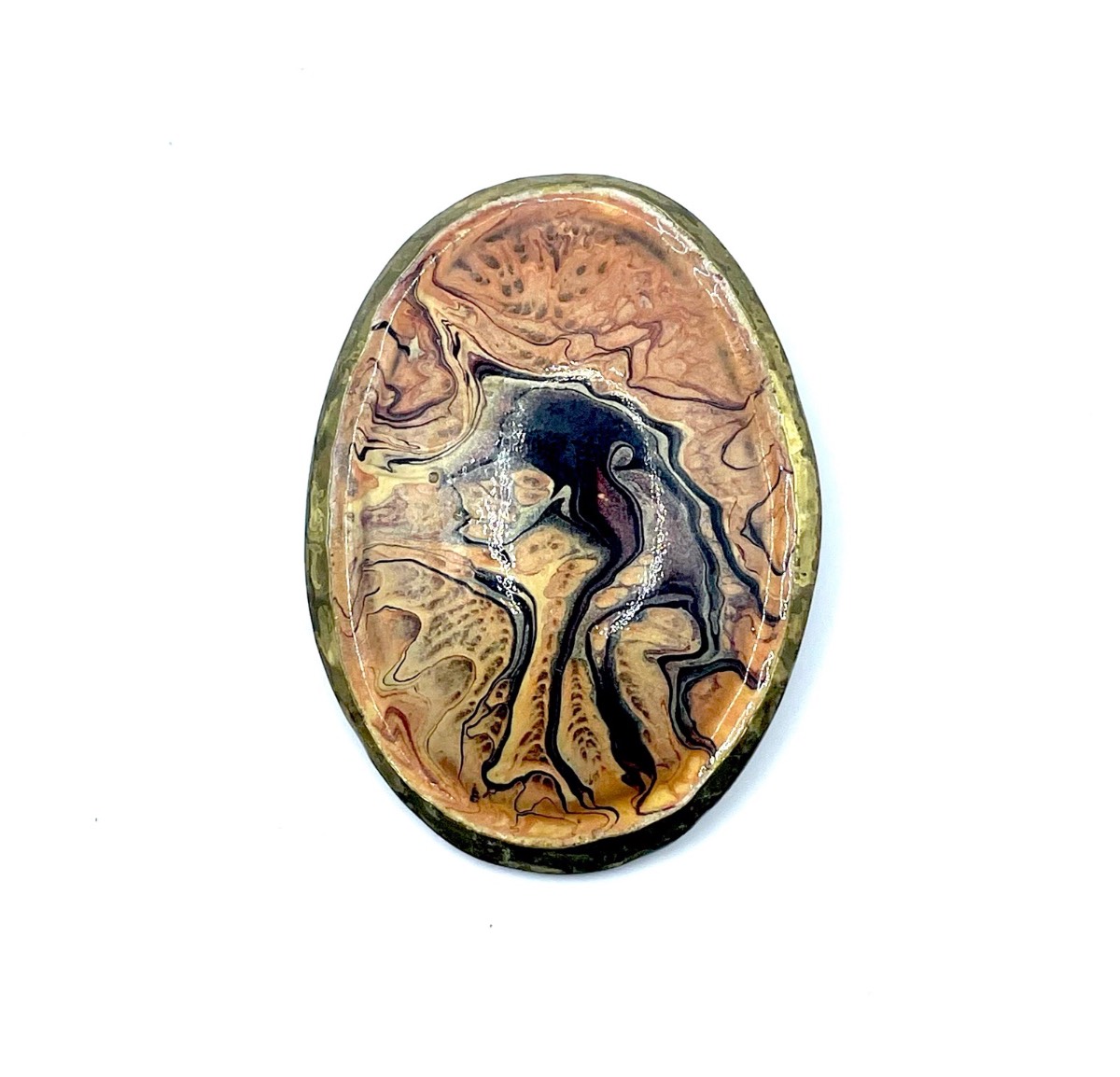 Vintage 1970s–80s Artisan Marbled Enamel Oval Brooch Modernist Studio Pin