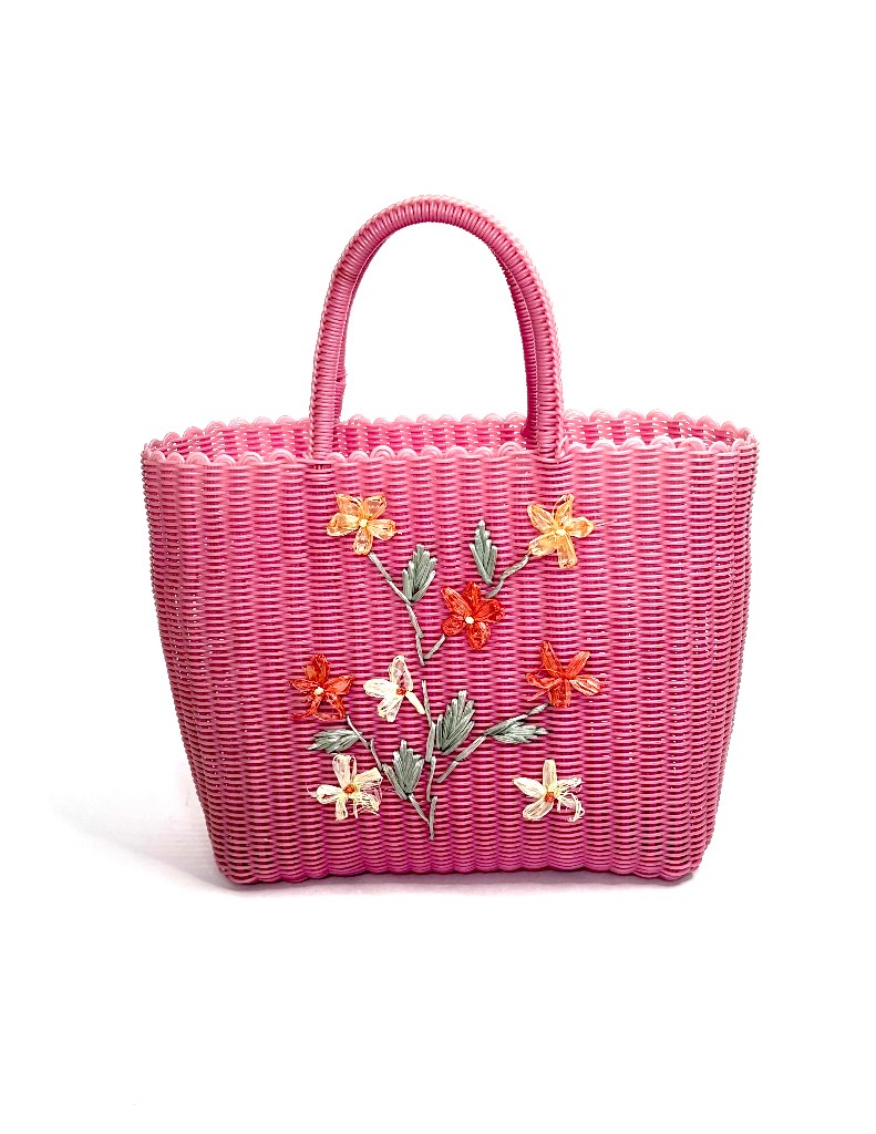 1960s Pastel Pink Plastic Woven Handbag - Cottagecore Flower Basket