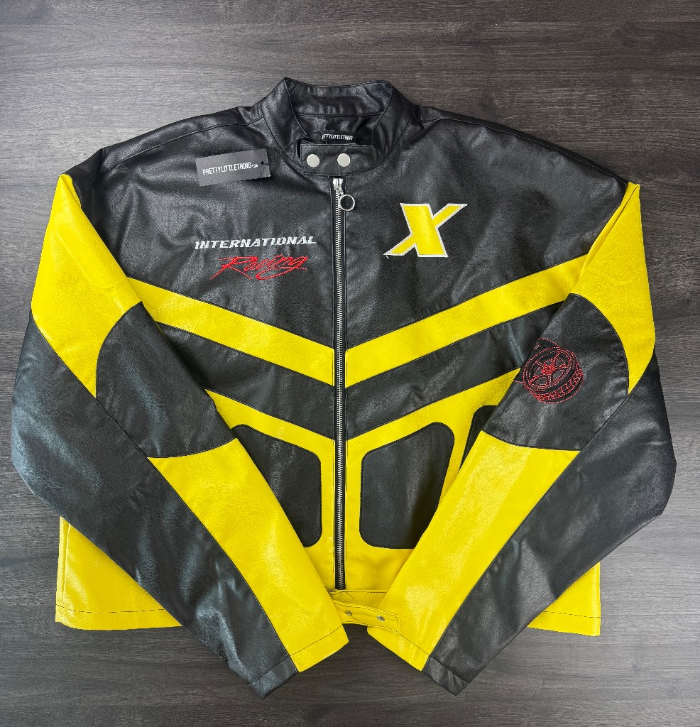 Faux Leather Racing Jacket / Yellow & Black / Size 14