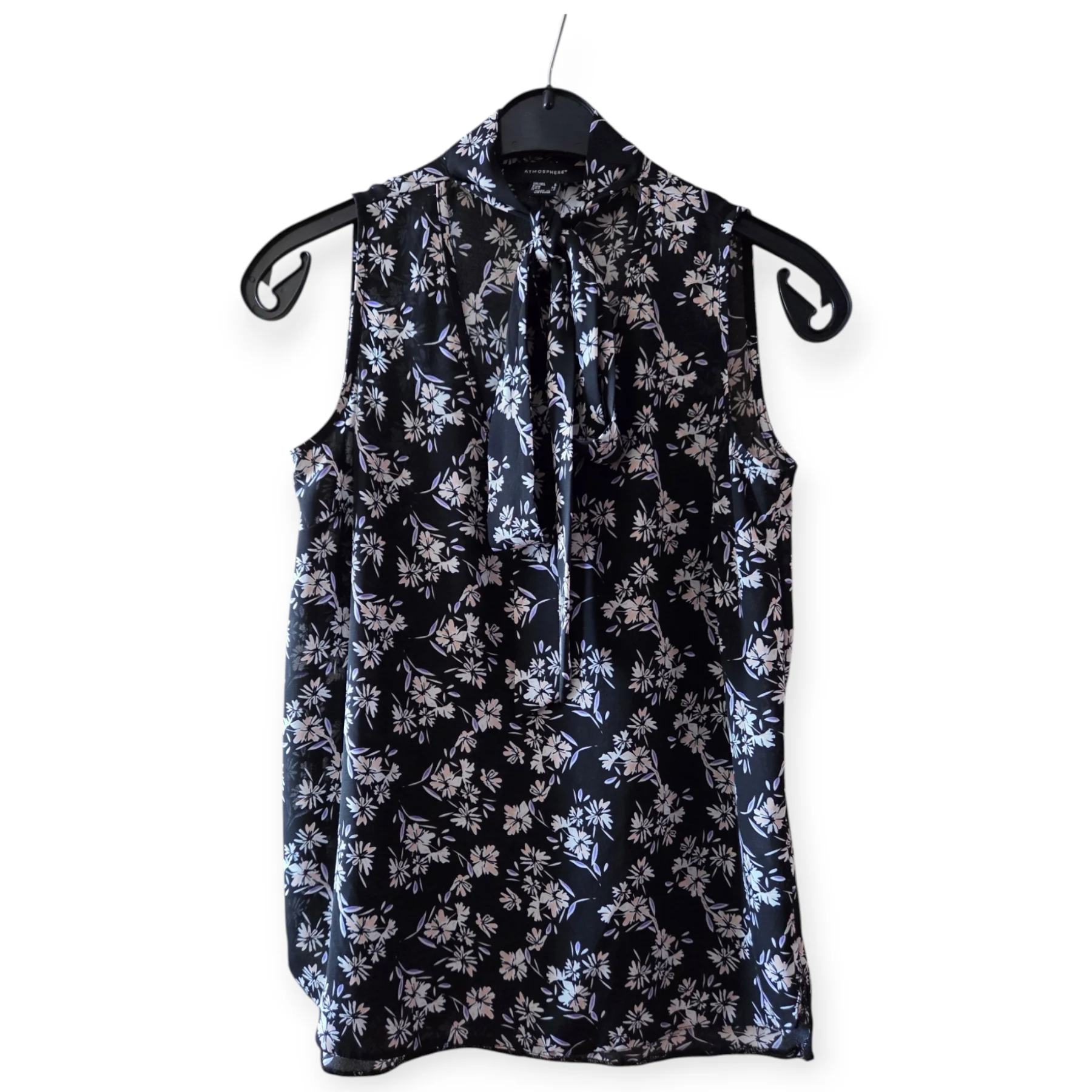 Womens Atmosphere Black White Floral Sleeveless Tie Neck Top UK 6 Work Office Summer