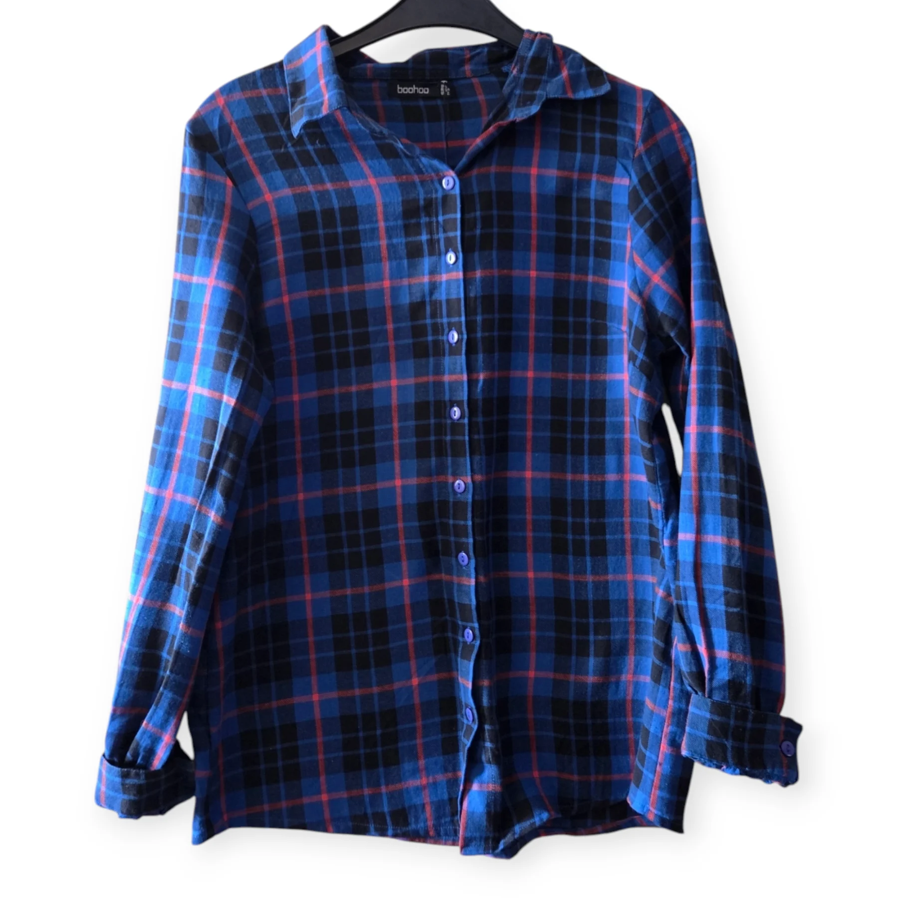 Boohoo Womens Blue Checked Cotton Shirt UK 6 Oversized Casual Grunge