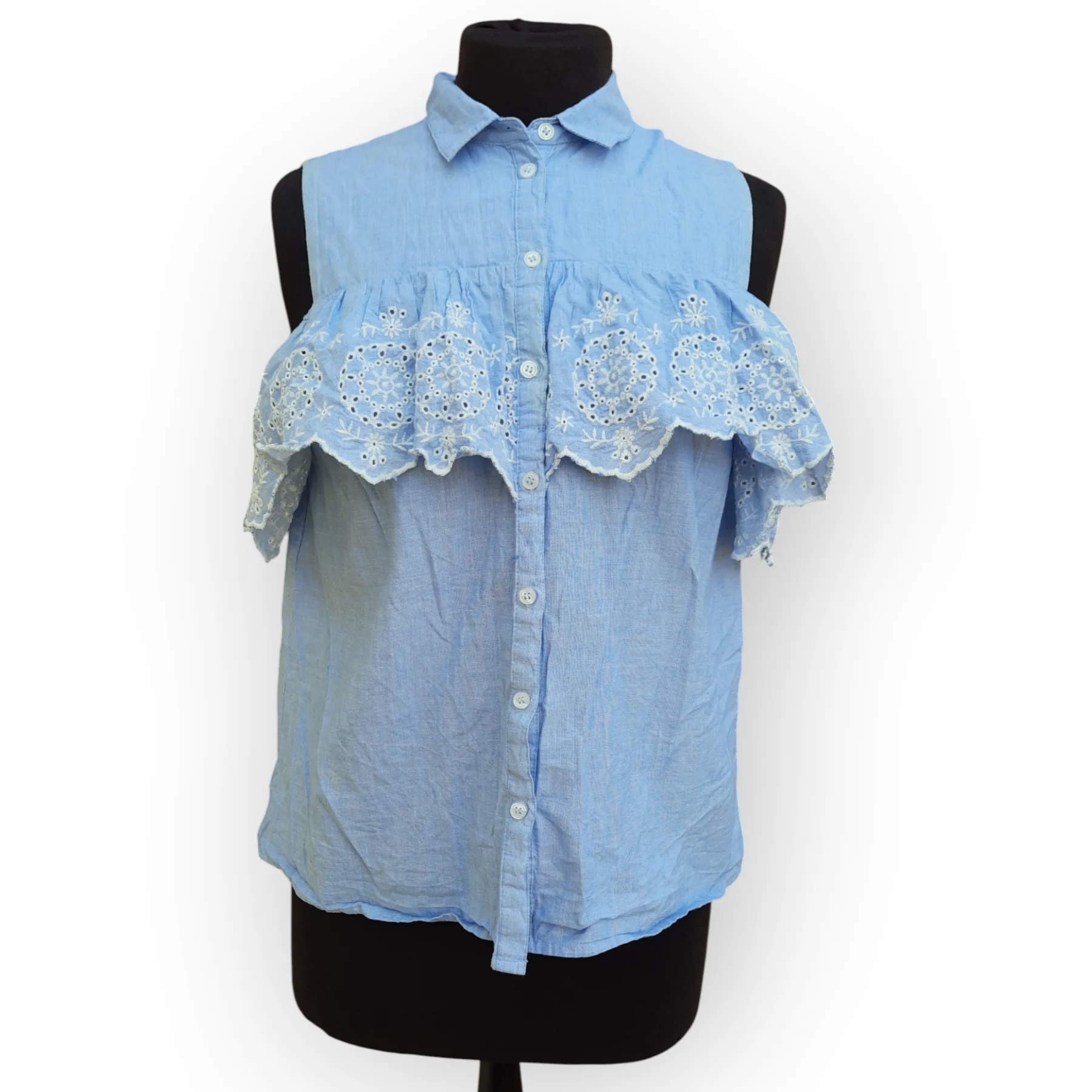 Dorothy Perkins Light Blue Broderie Sleeveless Summer Top – UK 12 – 100% Cotton