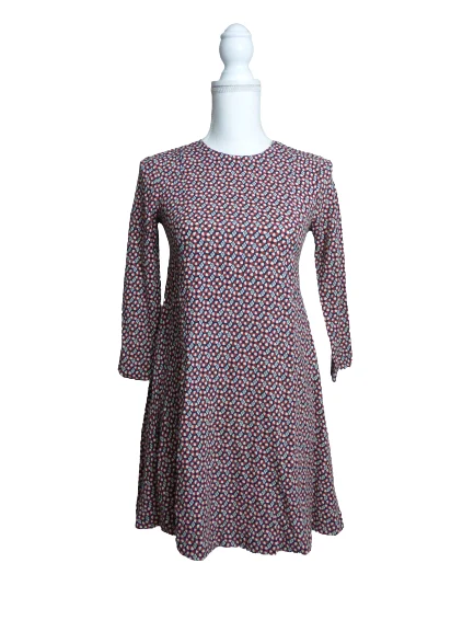 Womens H&M Midi Geometric Patterned Red Mix Flare Dress UK 6 3/4 Sleeves Keyhole.