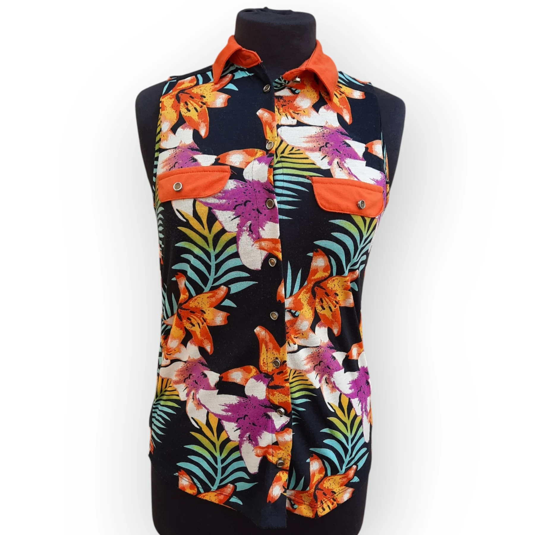 Atmosphere Orange Floral Sleeveless Top UK 6 Button Up Summer Holiday Blouse