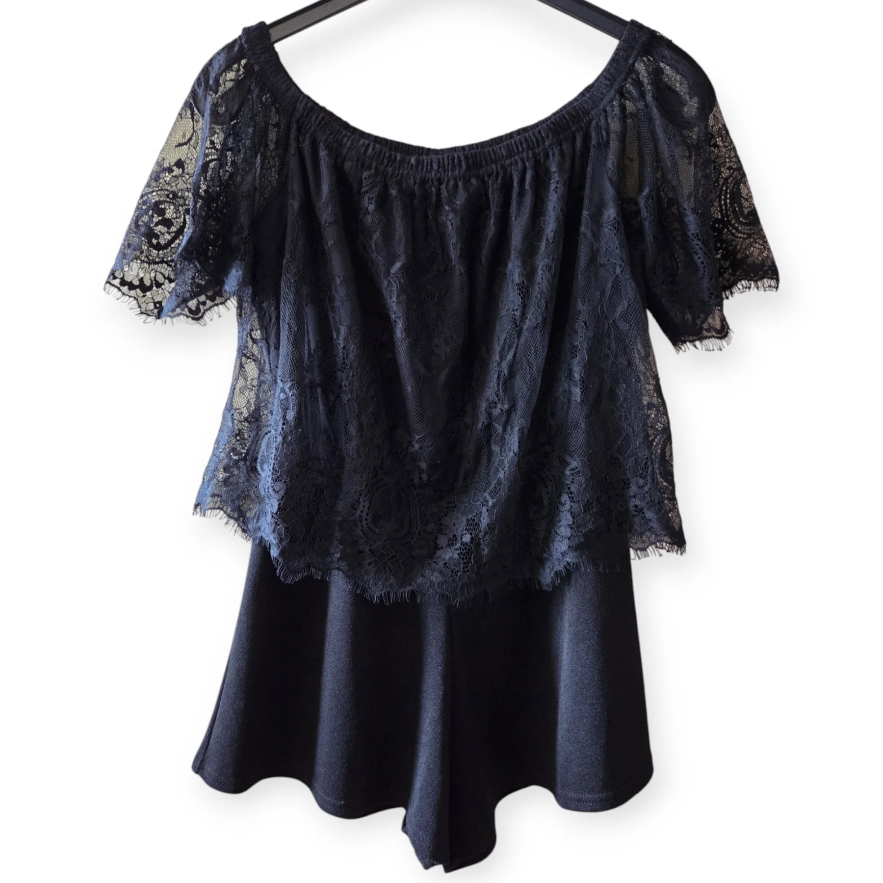 Boohoo Black Lace Off Shoulder Playsuit Women's UK 8 Party Holiday Outfit
