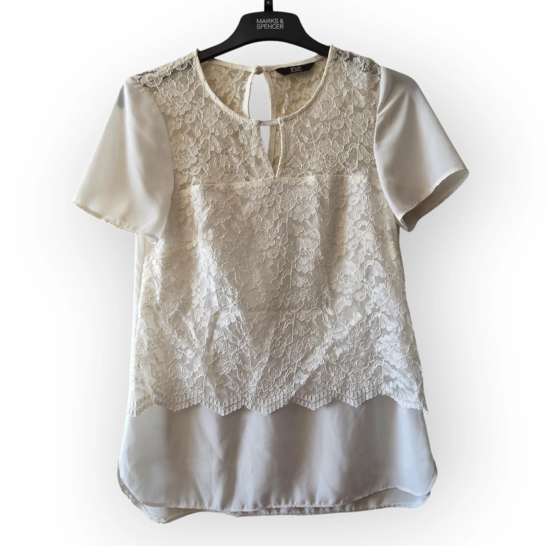 Womens F&F White Lace Panel Blouse UK 6 Short Sleeve Smart Office Summer Top