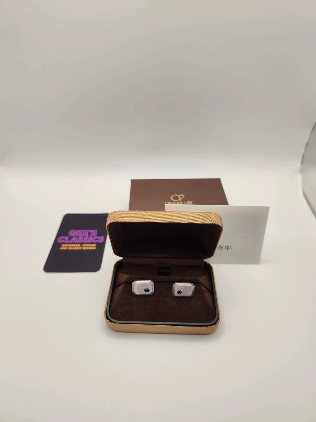 Vintage Kyocera Crescent Vert Silver Blue Sapphire Cufflinks Boxed and Certified