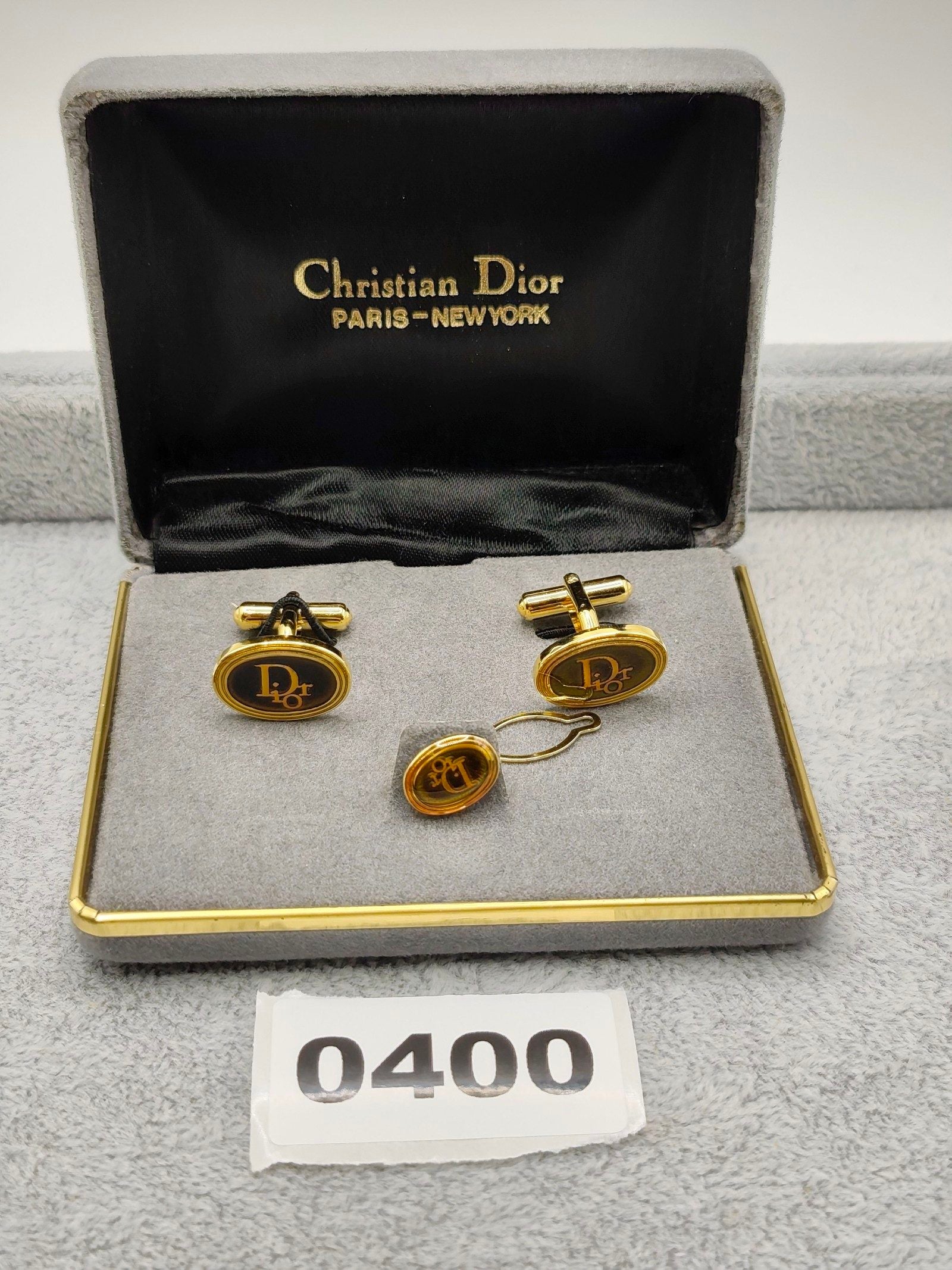 Christian Dior Gold & Black Logo Cufflinks & Tie Clip Set Men