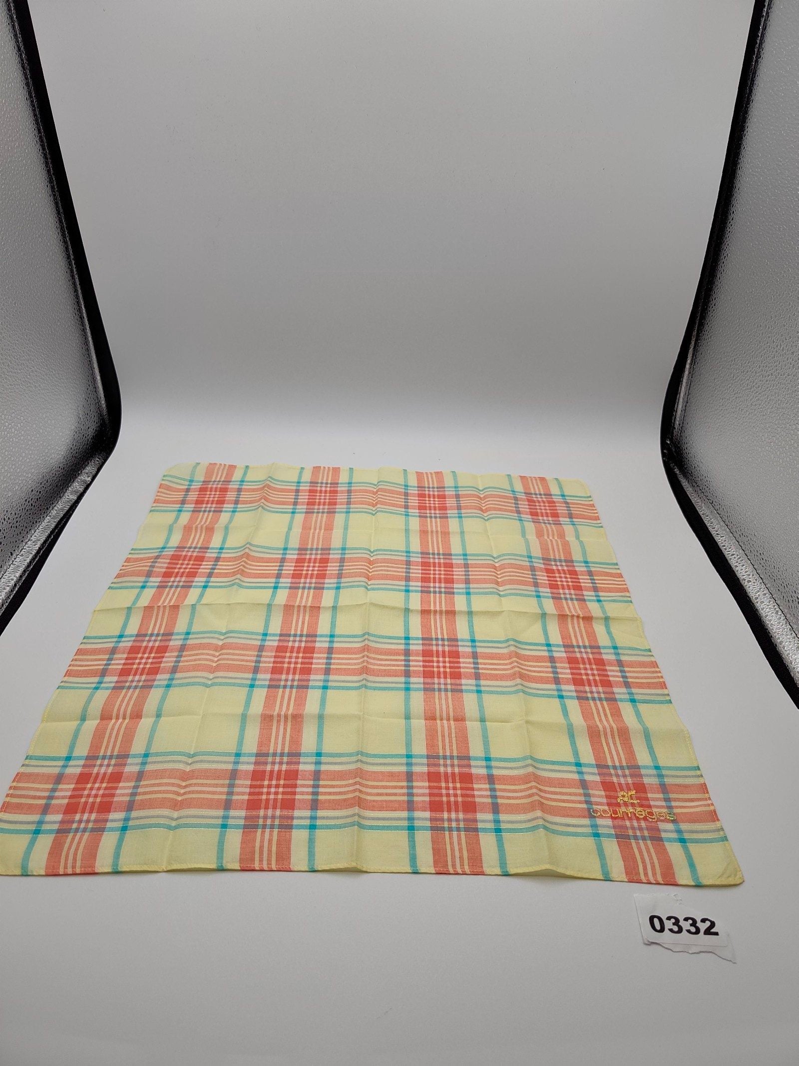 Courreges Yellow & Coral Plaid Cotton Handkerchief