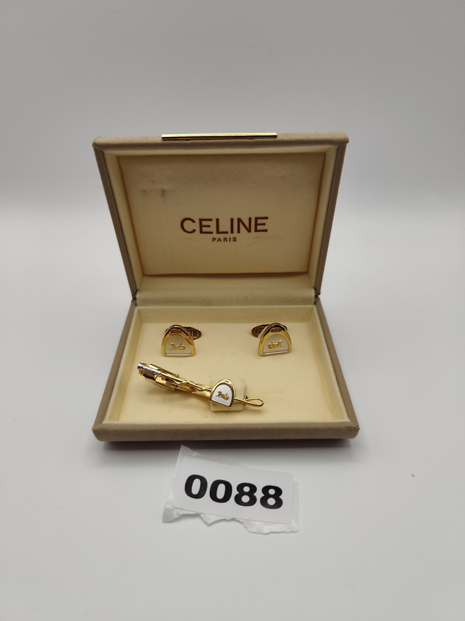 Celine Men Gold & Silver Horse Motif Cufflinks & Tie Clip Set