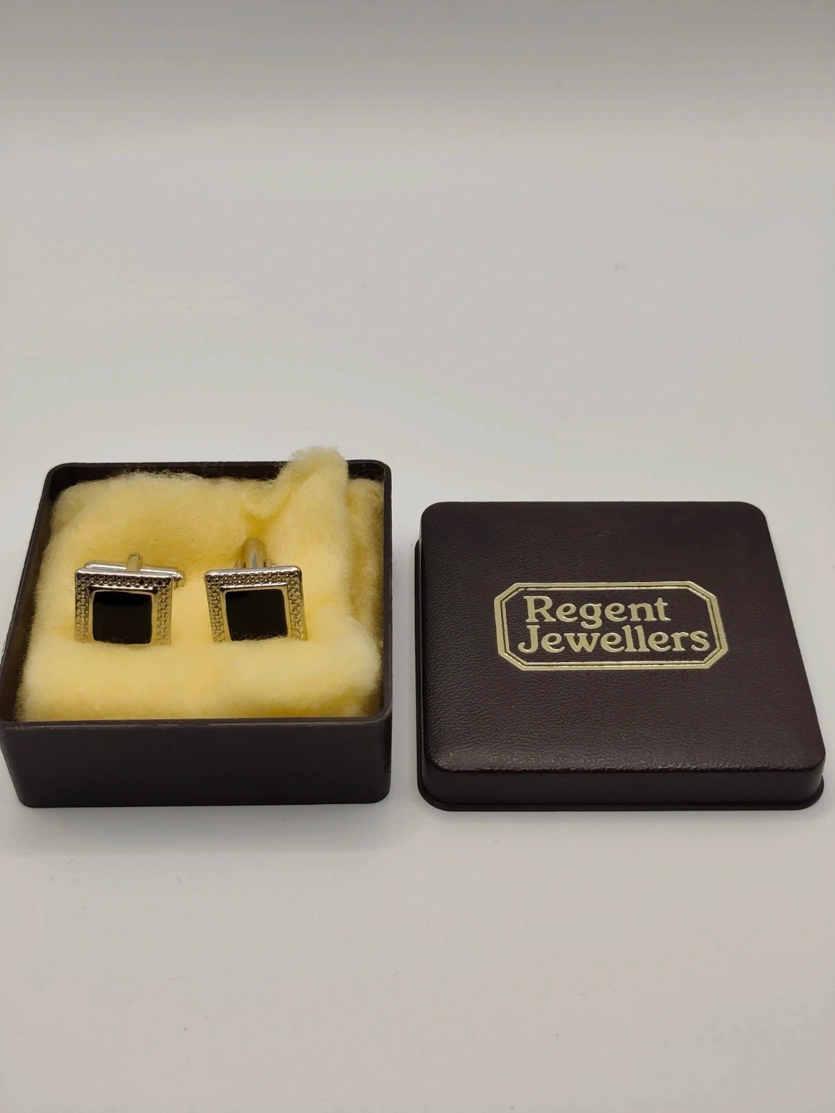 Vintage Silver Tone & Black Square Cufflinks | Regent Jewellers Box