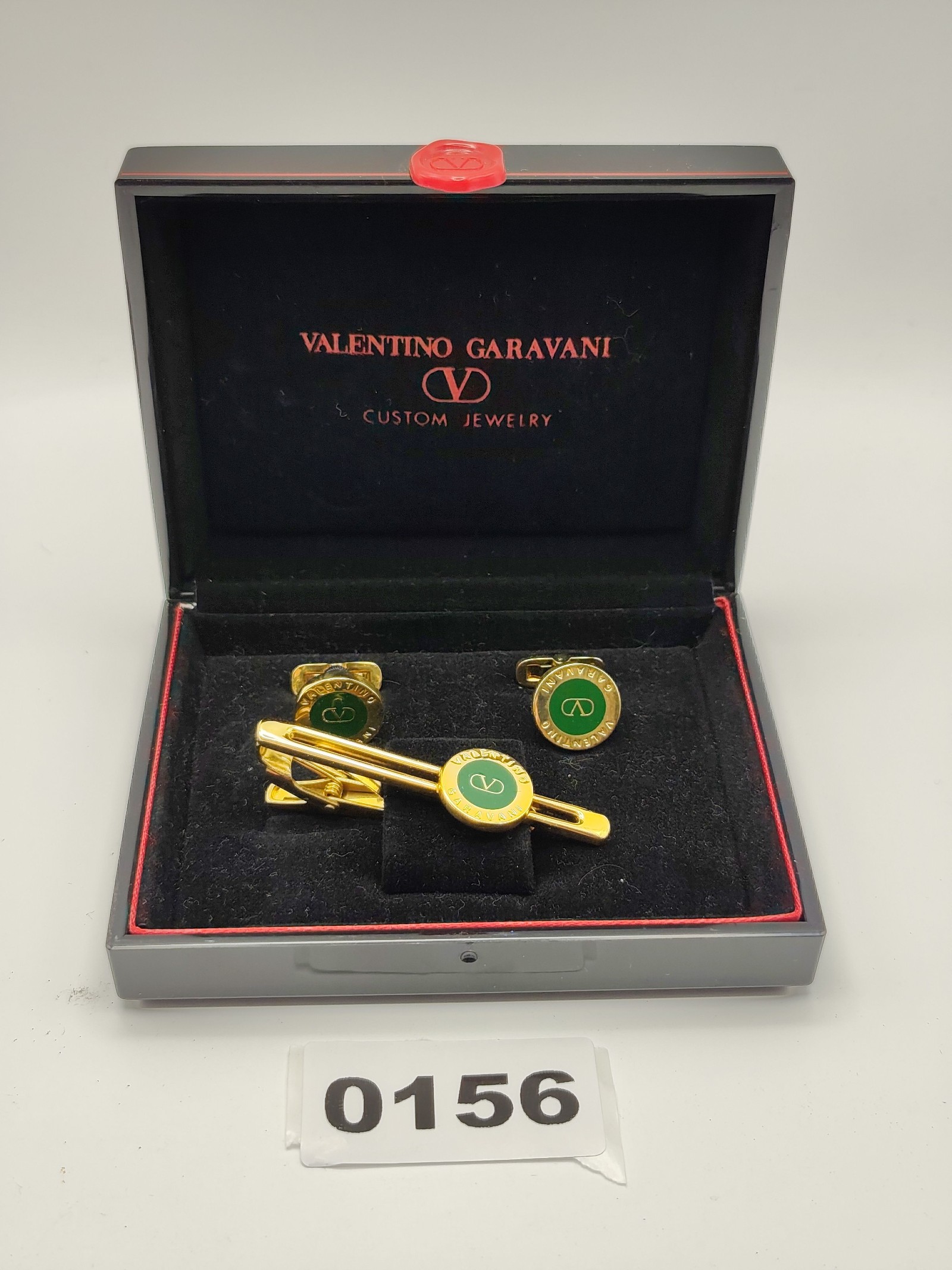 Valentino Garavani Gold & Green Tie Clip & Cufflinks Set Other