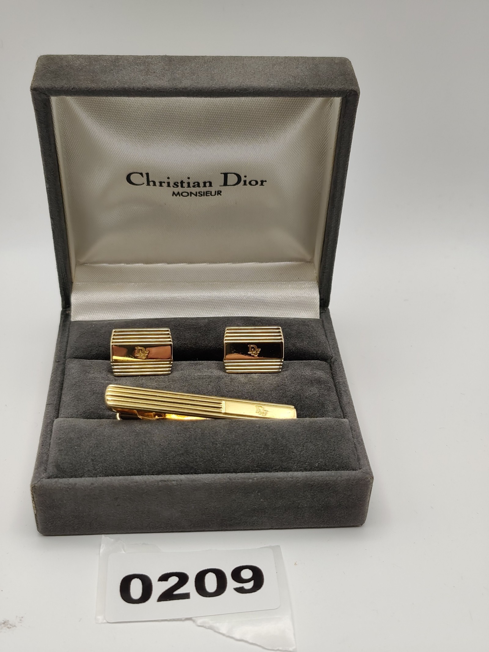 Christian Dior Gold Tone Cufflinks & Tie Clip Set Other with Original Box