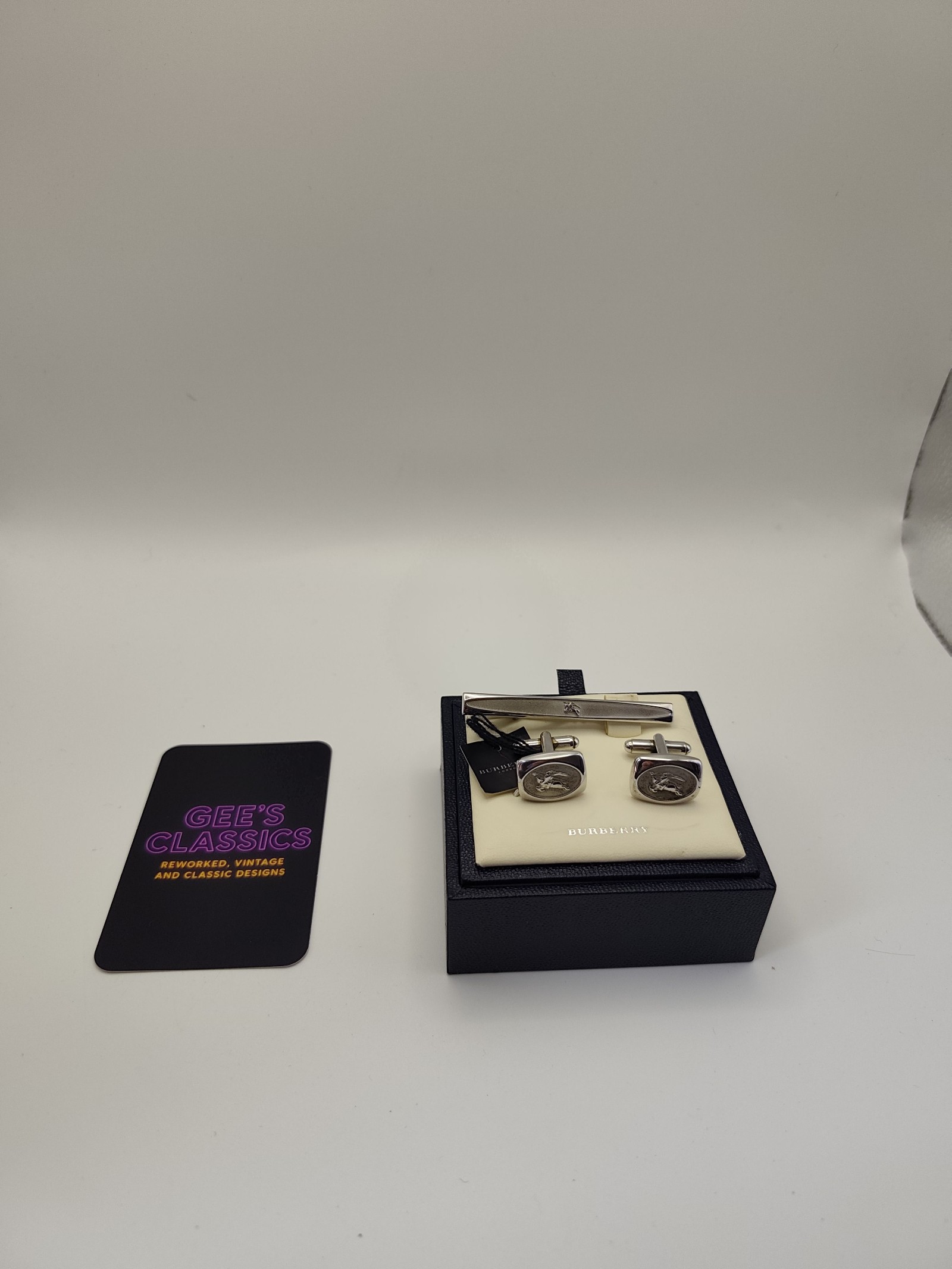 Burberry Silver Tie Clip & Cufflinks Set Classic Design