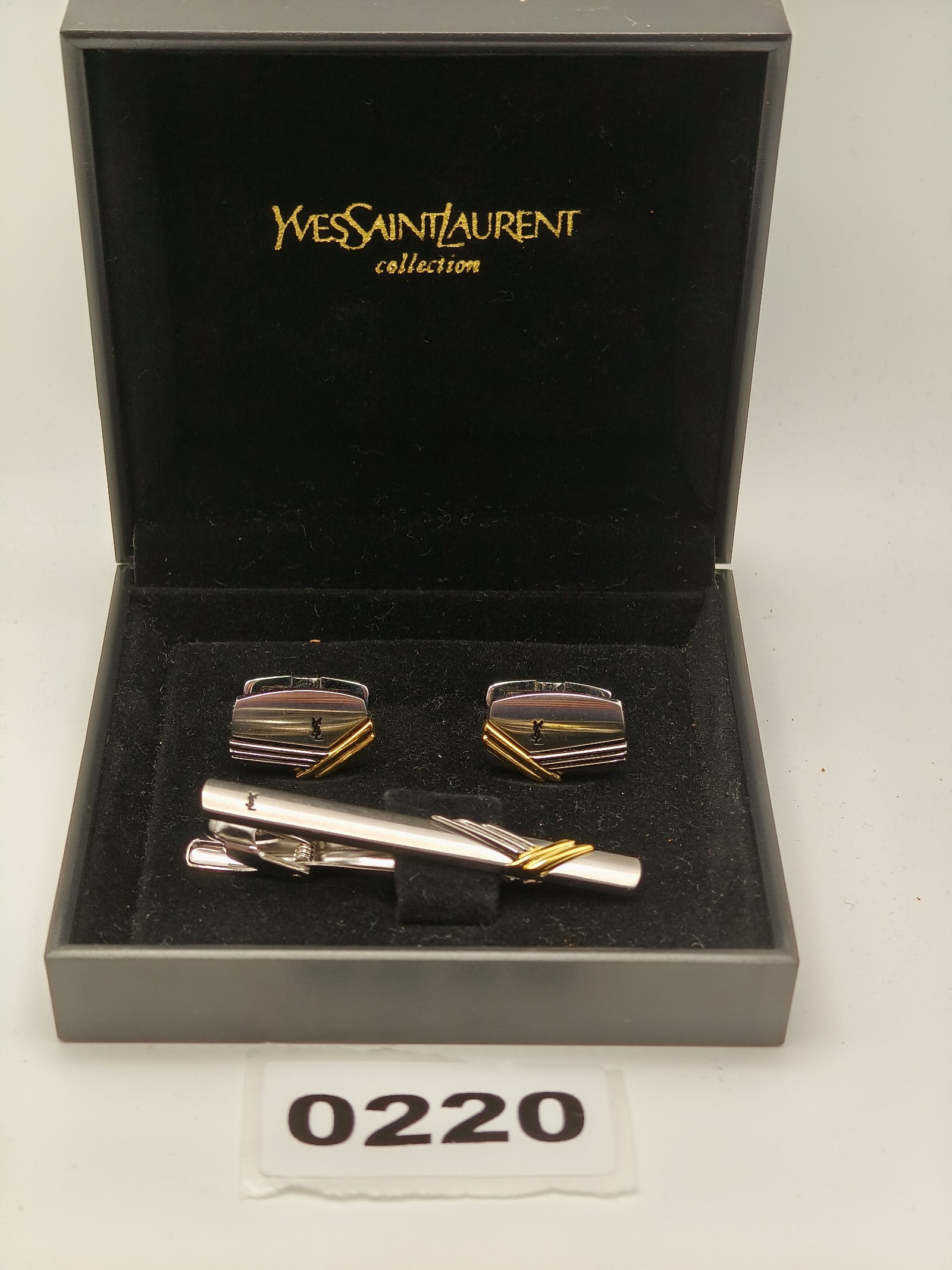 Yves Saint Laurent Silver & Gold Cufflinks & Tie Clip Set Men