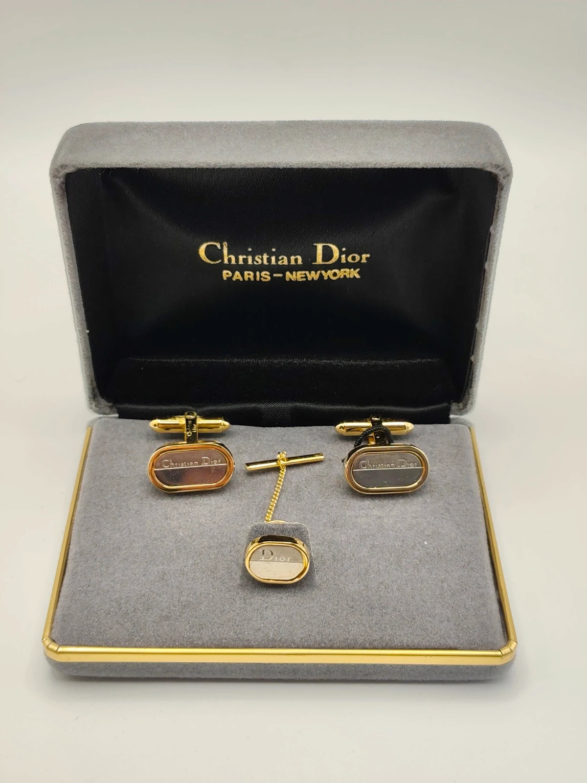 Christian Dior vintage cufflinks and tie pin set original box dates from late 70's to early 80's