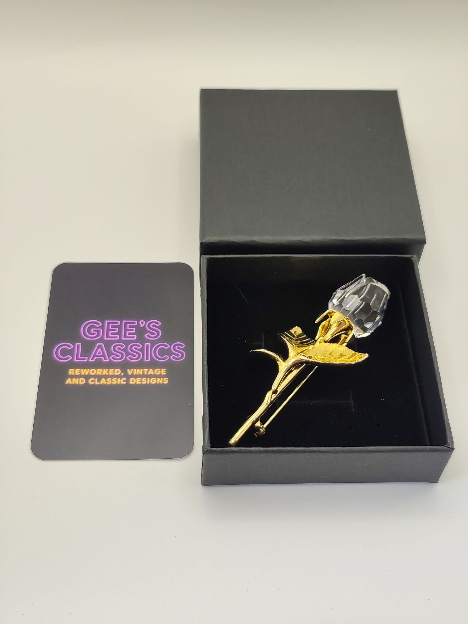 Swarovski Gold Tone & Crystal Rose Flower Brooch Pin