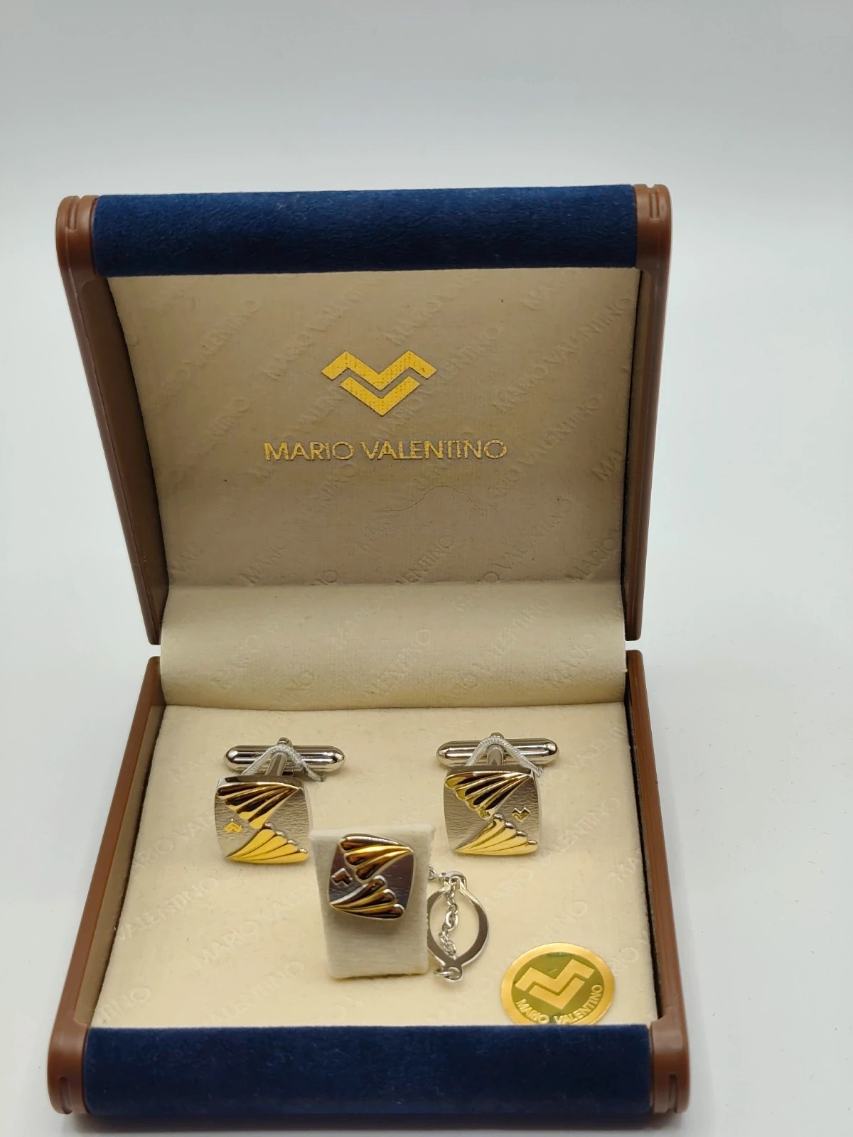 Vintage Mario Valentino Cufflinks andTie Pin Set Two Tone Gold & Silver With Box