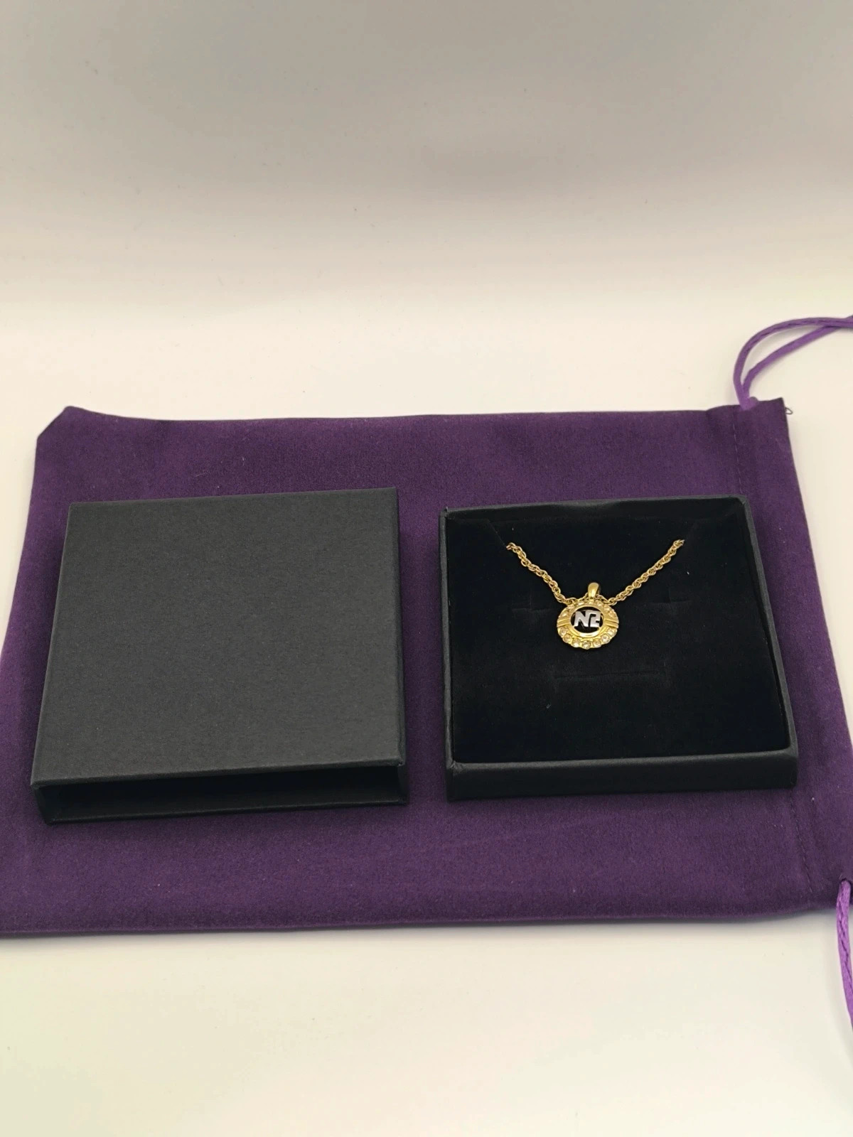 Nina Ricci Vintage Gold Tone NR Monogram Rhinestone Pendant Necklace Boxed